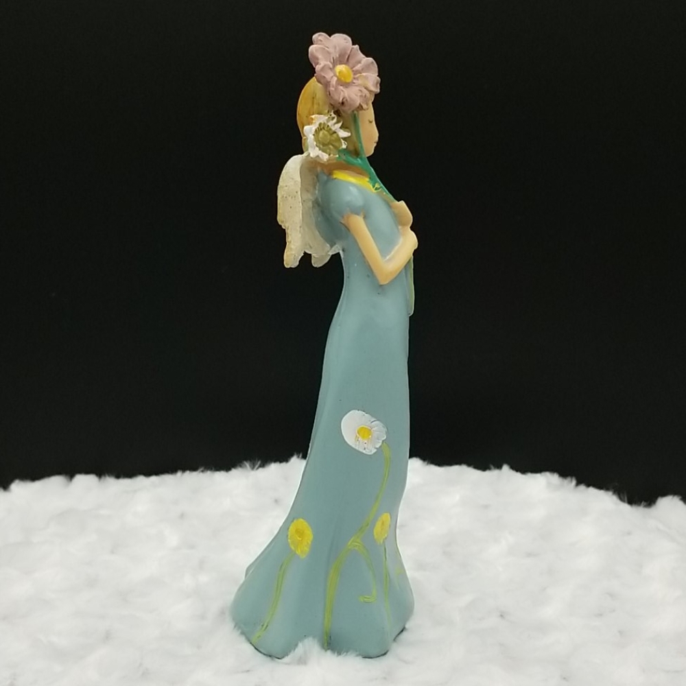 Angel in Blue Dress with Flowers Holding a Pink Daisy Figurine - Picture 4 of 6